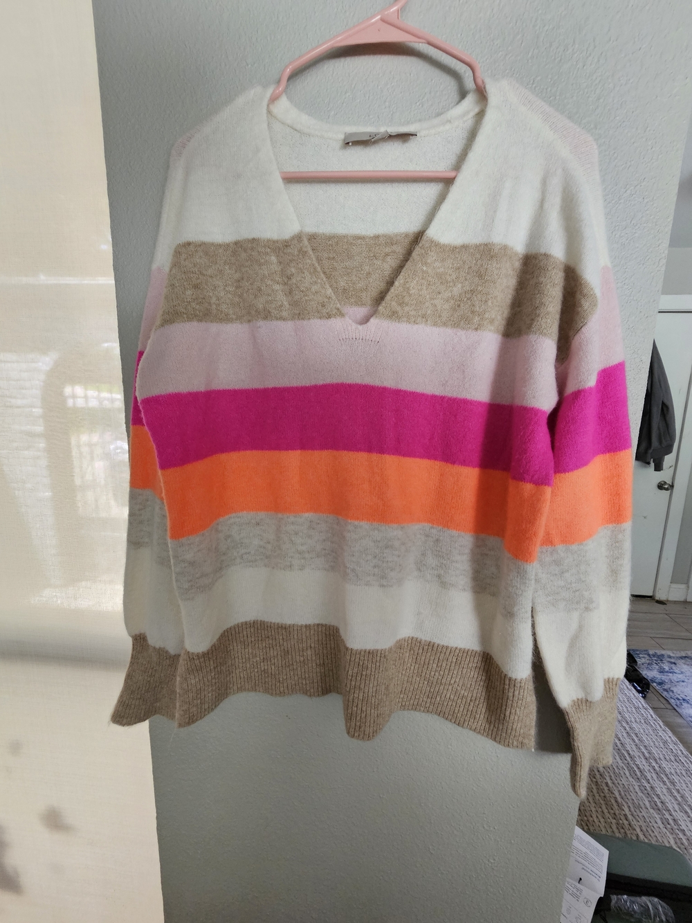 LOFT Striped V-Neck Sweater in Hot Pink, Orange, Cream & Tan